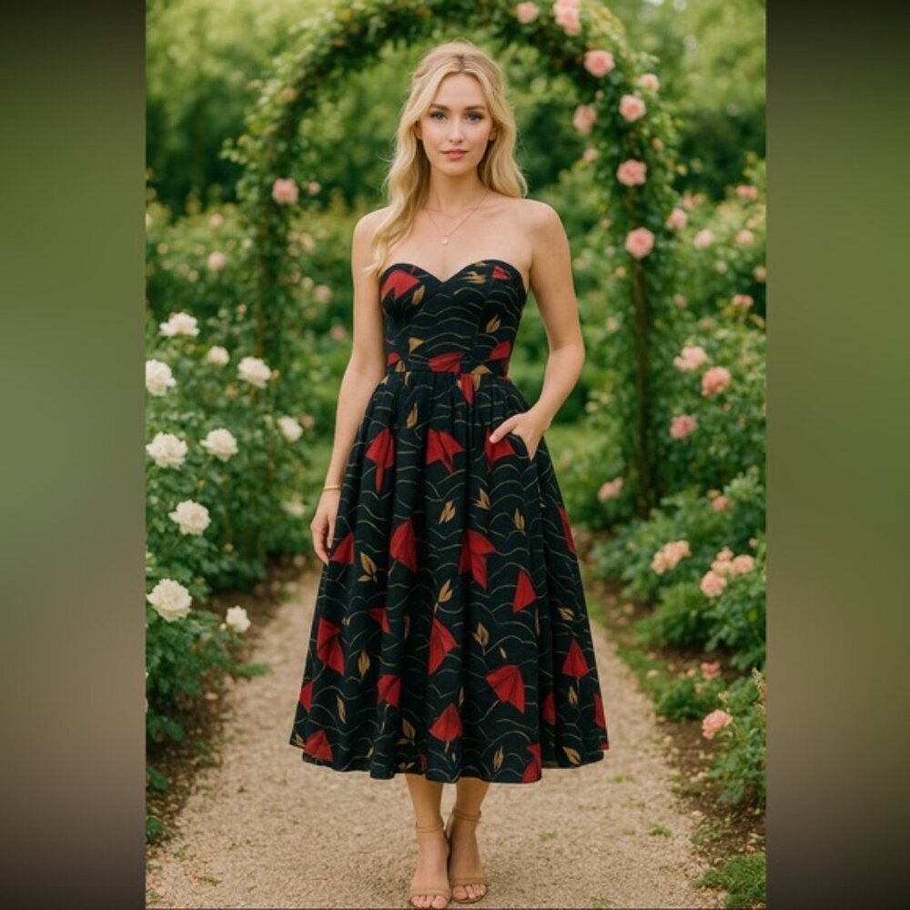 Liliane Burty Paris Elegant Navy Blue and Red Patterned Dress S/M